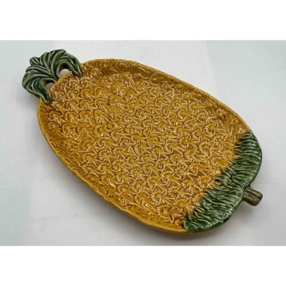 Olfaire Large Majolica Pineapple Plate Dish Serving Tray 15x9 Made in Portugal